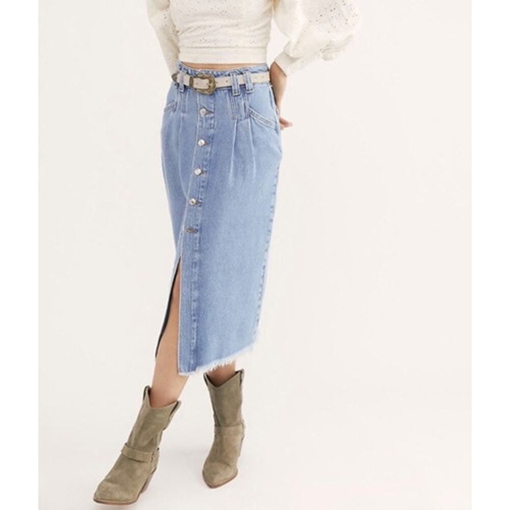 Free People Sydney MIDI Denim Button Front Skirt Medium Wash Western Country 26